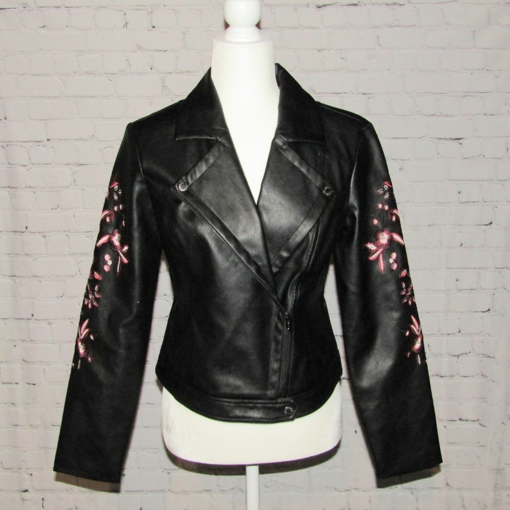 Guess Black Faux Leather Embroidered Moto Light Motorcycle Biker Jacket NWT